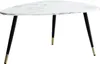 A triangular coffee table with a marble-look top and black legs with gold accents, isolated on a white background. Voir les images du produit