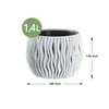 A white planter with a wavy design and a black rim, shown against a white background. Dimensions and capacity are indicated. Produktbild-Vorschau