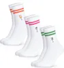 Three pairs of white ankle socks with colored stripes and drink illustrations. Produktbild-Vorschau