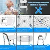 A collage of images showing a man in a shower and instructions for assembling a shower chair. Náhľad obrázku produktu