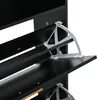 Close-up view of a black shoe cabinet with open flip-down doors and white metal hinges. Podgląd zdjęcia produktu