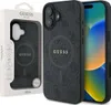 A product shot of a black Guess iPhone 16 case with a phone inside, presented next to its packaging. Podgląd zdjęcia produktu