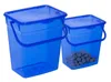 Two blue plastic buckets with lids and handles are shown against a white background. One bucket is larger and empty, while the smaller one contains some greyish material. Voir les images du produit