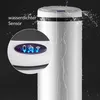A close-up of a white sensor trash can with water splashing on it, highlighting its waterproof sensor and indicator lights. Produktbild-Vorschau