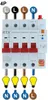 A four-pole circuit breaker with wiring and lightbulb illustrations. Produktbild-Vorschau