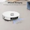 A white robot vacuum cleaner is shown on a tiled floor, cleaning up debris. Text overlays describe its efficient cleaning capabilities. Produktbild-Vorschau