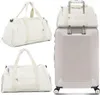 A collage of three images showing a white duffel bag and a white suitcase.