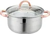 A stainless steel pot with rose gold handles and lid knob, shown from the front. Voir les images du produit