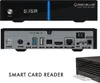 A product shot of a GigaBlue UHD Trio 4K PRO receiver, showing the front and back views, along with a close-up of a smart card reader. Produktbild-Vorschau