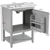 A light gray vanity cabinet with a white sink, shown with dimensions indicated by measurement lines and text. Voir les images du produit