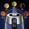 A diagram showing different tea types and their ideal brewing temperatures, overlaid on a close-up of a glass electric kettle. Produktbild-Vorschau