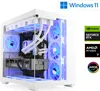 A white gaming computer case with internal components illuminated by blue LED lights. Produktbild-Vorschau