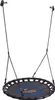 A black and blue nest swing hanging from two black ropes attached to wall mounts.