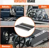 Collage showing a portable wheelchair ramp being used in different scenarios: loading into a vehicle, going up stairs, and over a doorway. Produktbild-Vorschau