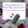 A power bank with charging cables and various smartphones are displayed on a gray surface. Produktbild-Vorschau