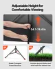 A collage of images showing the adjustable height feature of a projector screen, its stable triangular frame, and its ground stakes for outdoor use. Voir les images du produit