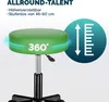 A green rolling stool with text overlays and graphics indicating its features. Produktbild-Vorschau