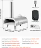 A product shot of a stainless steel outdoor pizza oven with dimensions and included accessories. Produktbild-Vorschau