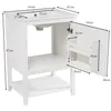 A white bathroom vanity cabinet with a sink and an open door showing storage shelves. Voir les images du produit