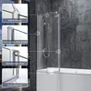 A shower screen installed on a bathtub, with close-up insets highlighting product features. Podgląd zdjęcia produktu