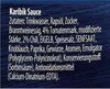 The image shows a dark blue background with white text listing ingredients for a sauce. Produktbild-Vorschau