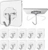 A collage showing clear adhesive hooks. One hook is shown individually, another is shown from the side attached to a surface, and a row of multiple hooks is displayed below. Produktbild-Vorschau