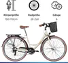 A cream-colored bicycle with a basket and rack, shown with informational graphics about its size and features. Produktbild-Vorschau