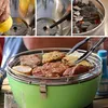 A collage showing the process of setting up and using a portable charcoal grill, with close-ups of food being cooked. Produktbild-Vorschau