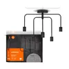 A black ceiling light fixture with multiple arms and bulb holders is shown, partially overlapping with its packaging. Produktbild-Vorschau