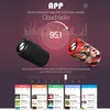 Marketing image for a portable Bluetooth speaker, showing two speakers and app interface screenshots. Produktbild-Vorschau