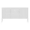 A white cabinet with three doors and a perforated front, standing on thin legs. Náhľad obrázku produktu