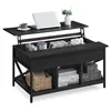 A dark wood lift-top coffee table with storage, shown with items inside. Produktbild-Vorschau