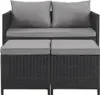 A black rattan outdoor seating set with gray cushions, shown from the front. Produktbild-Vorschau