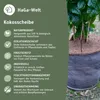 A close-up of a plant in a pot, with a coconut fiber disc around the base of the plant. The left side of the image contains text and icons describing the product's features. Produktbild-Vorschau