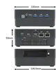 Multiple views of a small black computer (mini PC) with dimensions labeled. Produktbild-Vorschau