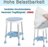 A shower stool is shown next to a person sitting on a similar stool, with German text highlighting its features and capacity. Produktbild-Vorschau