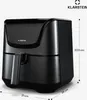 A black air fryer is shown from a side-angle with dimensions indicated. Náhľad obrázku produktu