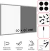 A product image showing a combination whiteboard and corkboard, with accessories and feature icons. Produktbild-Vorschau
