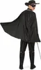 A man wearing a black Zorro-like costume, including a hat, mask, cape, and sword, is shown from the back. Podgląd zdjęcia produktu