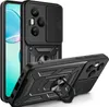 A black protective phone case with a camera slider and ring holder is shown from multiple angles against a white background. Produktbild-Vorschau