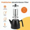 An exploded view diagram of a black kettle, showing its removable filter components and highlighting its features with text and icons. Produktbild-Vorschau