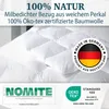 A close-up view of a white, quilted duvet or comforter, with various certifications and text overlays. Produktbild-Vorschau