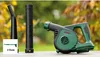 A Bosch leaf blower and its accessories are displayed on a wooden surface outdoors. Produktbild-Vorschau