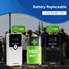 A marketing image showing a white transmitter and a black receiver, with a battery icon and battery life indicators, set against a blurred background of people. Produktbild-Vorschau