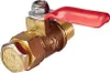 A close-up studio shot of a brass ball valve with a red handle. Produktbild-Vorschau