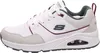 A side view of a white Skechers sneaker with gray and burgundy accents. Voir les images du produit