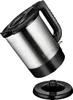 A stainless steel electric kettle is shown tilted, with its base separate. Produktbild-Vorschau