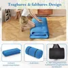 A collage showing a person folding a blue mattress, a folded mattress, a rolled-up mattress, and a black carrying bag. Náhled obrázku produktu