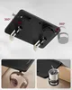Collage of images showing a black bedside tray attached to a bed, with a headphone hook and a cup holder. Produktbild-Vorschau