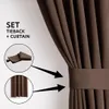 A close-up of a brown curtain with a tieback, showing how it is used to hold the curtain in place. There are also inset images showing the tieback and the bottom of the curtain. Podgląd zdjęcia produktu